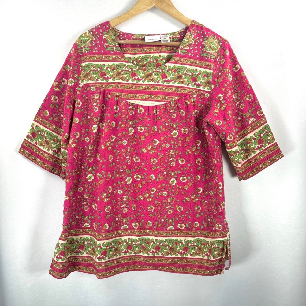The Vermont Country Store pink and green floral print cotton tunic top sz L